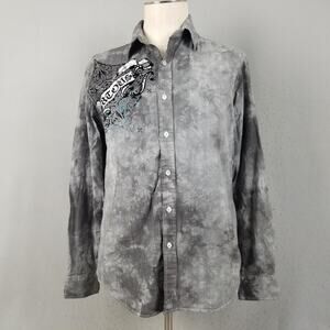 Helix Shirt Mens Medium Gray Button Down Long Sleeve Graphic Acid Wash Gothic